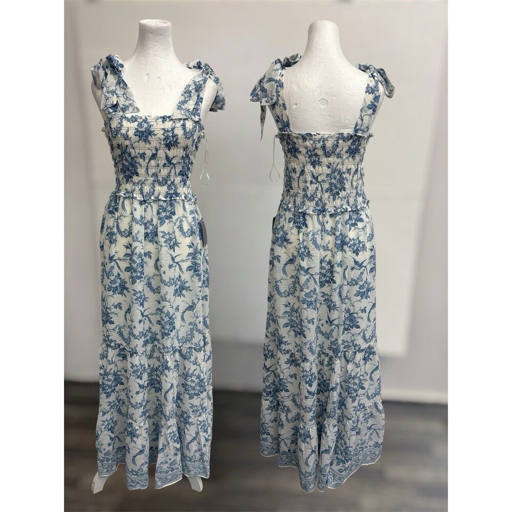 NWT Max Studio Blue Floral Smocked Maxi Dress Size L Tiered Tie Shoulder $178 - Picture 2 of 13